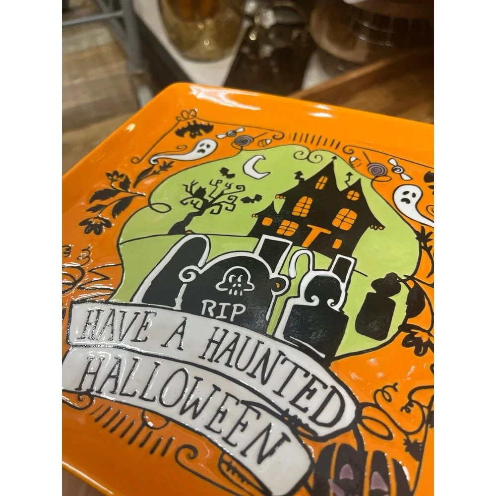 Eli and Ana Halloween Haunted House Orange Square Plate